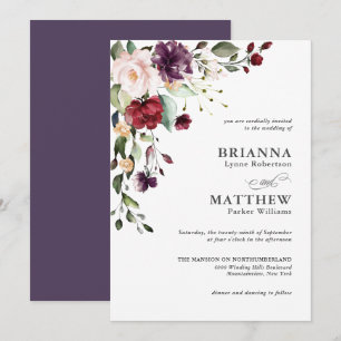 Romantic Burgundy Blush Plum Green Floral Wedding Invitation