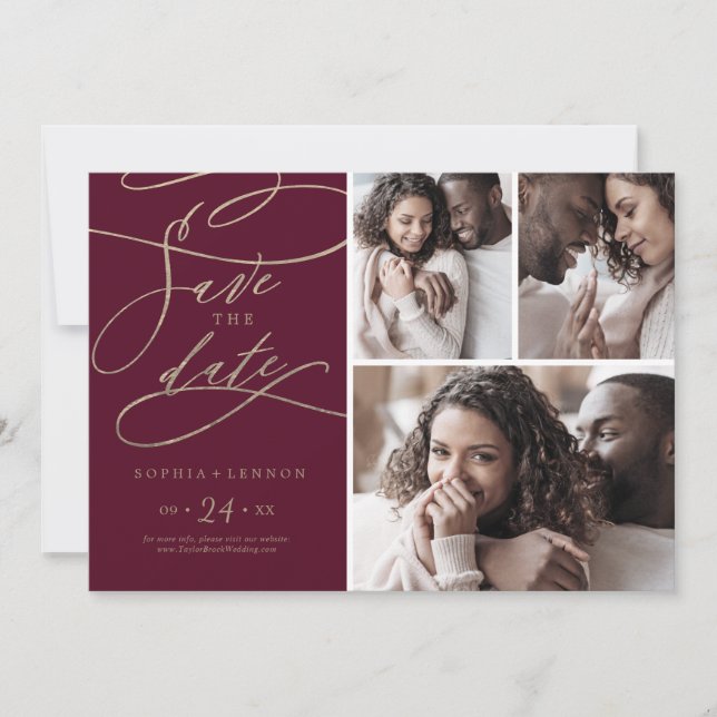 Romantic Burgundy Calligraphy 3 Photo Collage Save The Date (Front)