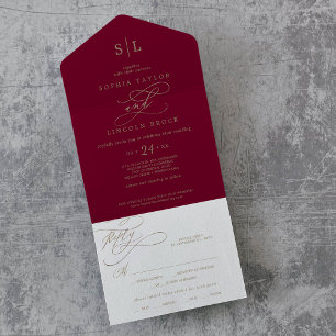 Romantic Burgundy Calligraphy Monogram Wedding All In One Invitation