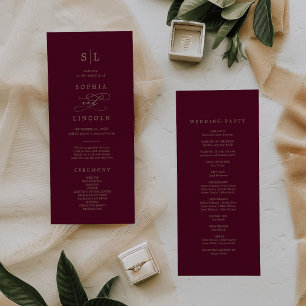 Romantic Burgundy Calligraphy Monogram Wedding Programme