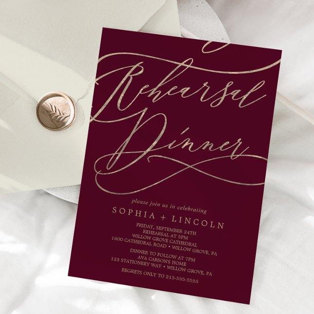 Romantic Burgundy Calligraphy Rehearsal Dinner Invitation (Creator Uploaded)