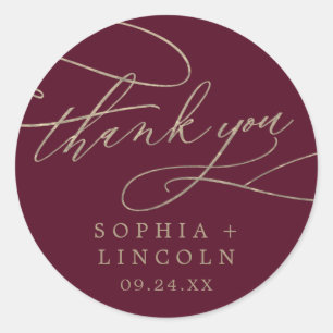 Romantic Burgundy Calligraphy Thank You Favour Classic Round Sticker