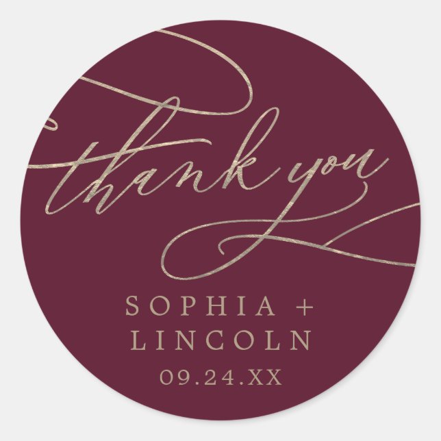 Romantic Burgundy Calligraphy Thank You Favour Classic Round Sticker (Front)