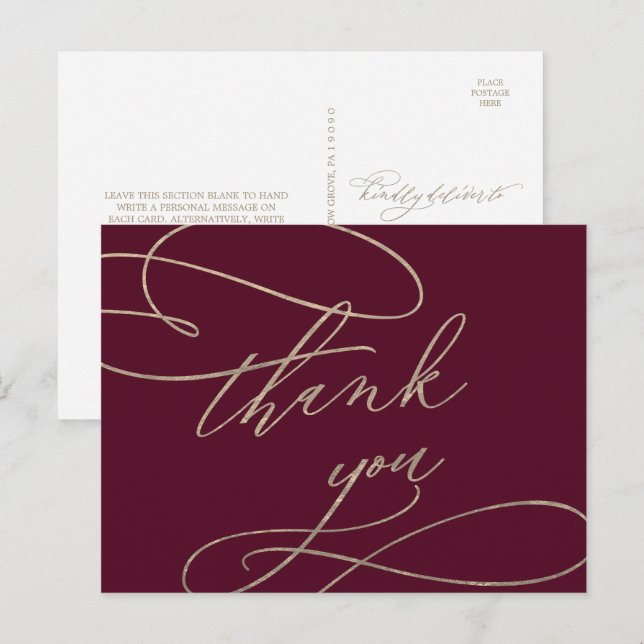 Romantic Burgundy Calligraphy Thank You Postcard (Front/Back)