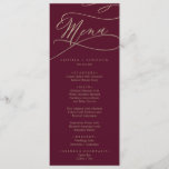 Romantic Burgundy Calligraphy Wedding Dinner Menu<br><div class="desc">This romantic burgundy calligraphy wedding dinner menu card is perfect for a simple wedding. The modern classic design features fancy swirls and whimsical flourishes with gorgeous elegant hand lettered faux champagne gold foil typography. This menu can be used for a wedding reception, rehearsal dinner, or any event. Please Note: This...</div>