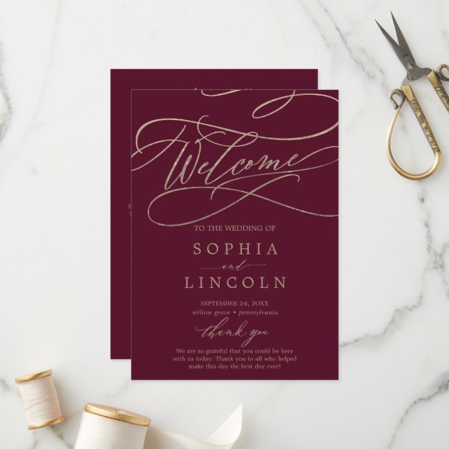 Romantic Burgundy Calligraphy Wedding Program Programme (Front/Back In Situ)
