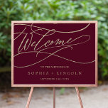 Romantic Burgundy Calligraphy Welcome Wedding Poster<br><div class="desc">This romantic burgundy calligraphy flourish welcome wedding poster is perfect for a simple wedding. The modern classic design features fancy swirls and whimsical flourishes with gorgeous elegant hand lettered faux champagne gold foil typography. Customize the poster with the name of the bride and groom, and the date of the wedding....</div>