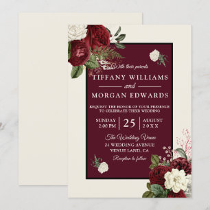 Romantic Burgundy Champagne White Floral Wedding Invitation