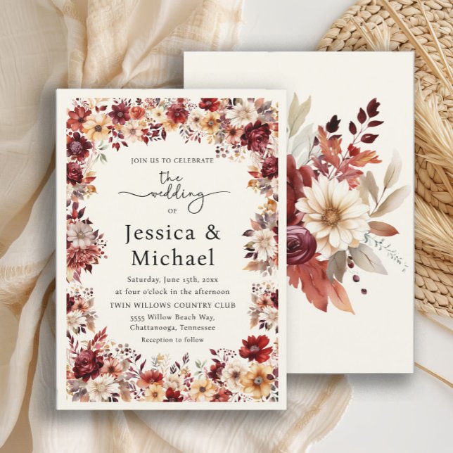Romantic Burgundy Cream Watercolor Floral Wedding Invitation (Romantic burgundy and cream floral wedding invitation)