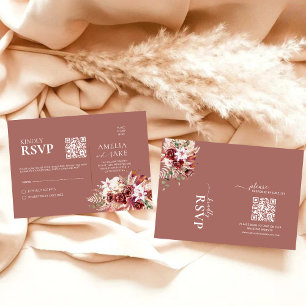 Romantic Burgundy & Dusty Rosewood Floral QR Code  RSVP Card
