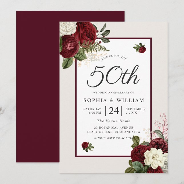 Romantic Burgundy Floral 50th Wedding Anniversary Invitation (Front/Back)