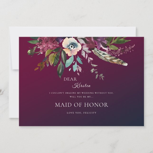 Romantic Burgundy Floral Be My Maid Of Honour Invitation (Front)