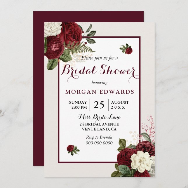 Romantic Burgundy Floral Bridal Shower Invite (Front/Back)