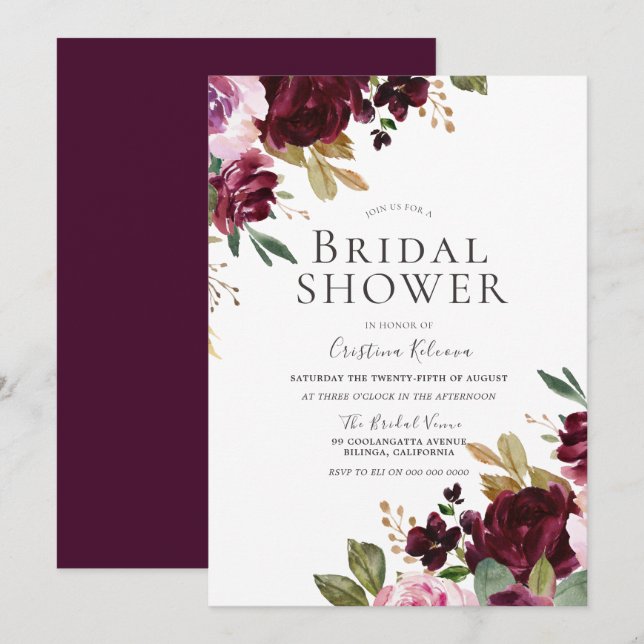 Romantic Burgundy Floral Elegant Bridal Shower Invitation (Front/Back)