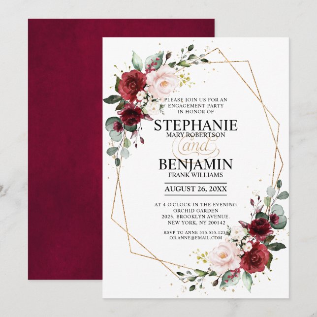 Romantic Burgundy Floral Geometric Engagement Invitation (Front/Back)