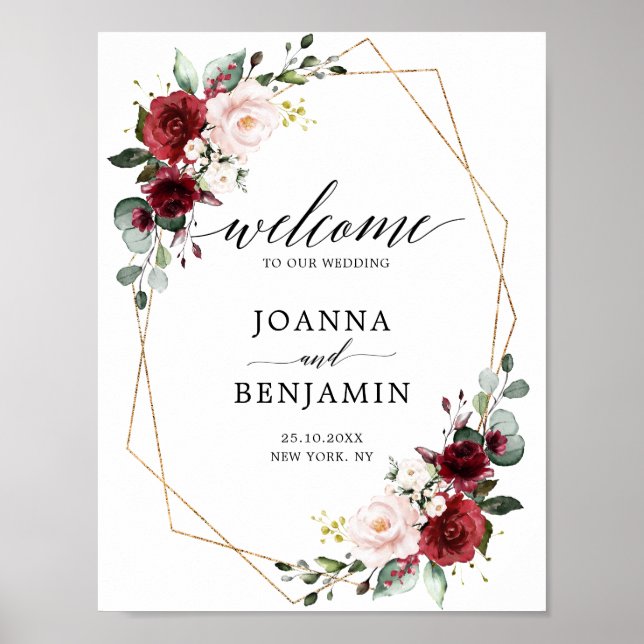 Romantic Burgundy Floral Geometric Wedding Welcome Poster (Front)