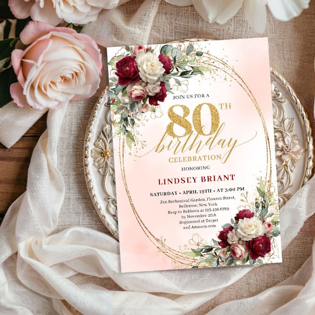 Romantic Burgundy Floral Gold Frame 80th Birthday  Invitation (Romantic Burgundy Floral Gold Frame 80th Birthday Invite)