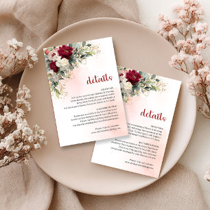 Romantic Burgundy Floral Gold Wedding Details Card