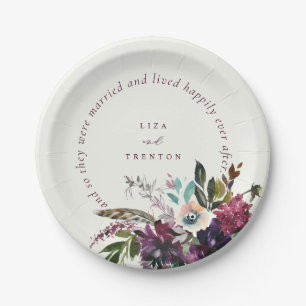 Romantic Burgundy Floral Happily Ever After Ecru Paper Plate