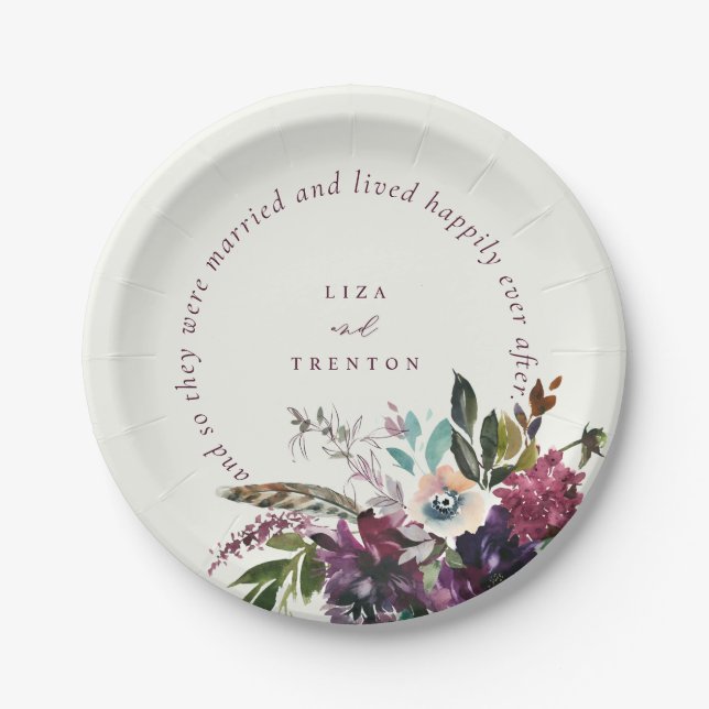 Romantic Burgundy Floral Happily Ever After Ecru Paper Plate (Front)