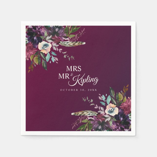 Romantic Burgundy Floral Mr & Mrs Wedding Napkin (Front)