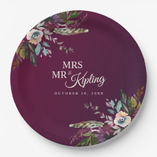 Romantic Burgundy Floral Mr & Mrs Wedding Paper Plate