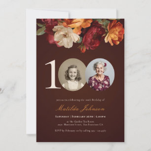 Romantic Burgundy Floral Photo 100th Birthday Invitation