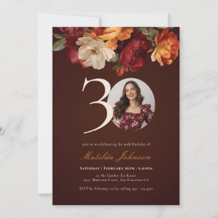 Romantic Burgundy Floral Photo 30th Birthday Invitation