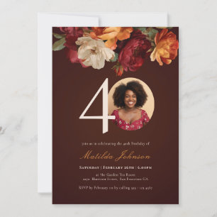 Romantic Burgundy Floral Photo 40th Birthday Invitation