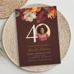 Romantic Burgundy Floral Photo 40th Birthday Invitation