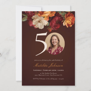 Romantic Burgundy Floral Photo 50th Birthday Invitation