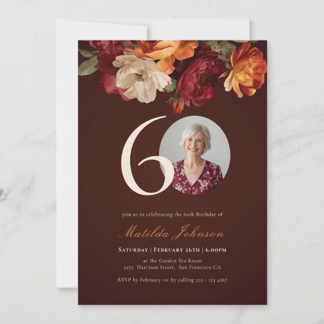 Romantic Burgundy Floral Photo 60th Birthday Invitation (Front)