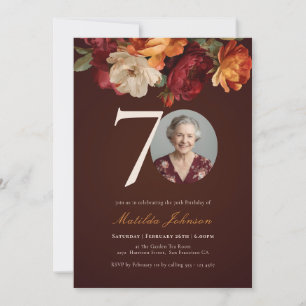 Romantic Burgundy Floral Photo 70th Birthday Invitation