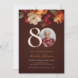 Romantic Burgundy Floral Photo 80th Birthday Invitation