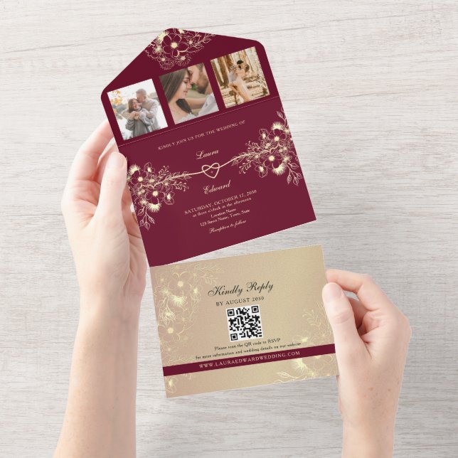 Romantic Burgundy Floral Wedding All In One Invitation (Tearaway)