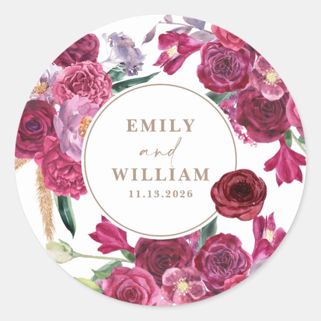 Romantic Burgundy  Floral Wedding couple names Classic Round Sticker (Front)