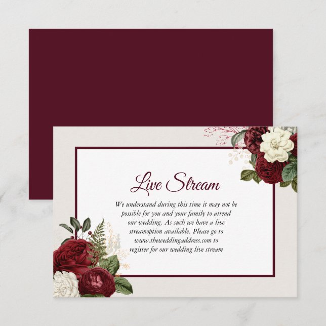 Romantic Burgundy Floral Wedding Live Stream Invitation (Front/Back)
