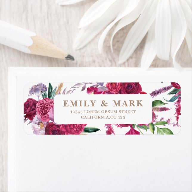 Romantic Burgundy  Floral Wedding return address (Insitu)