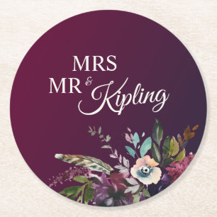 Romantic Burgundy Floral Wedding Round Paper Coaster