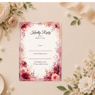 Romantic Burgundy Floral Wedding RSVP Card