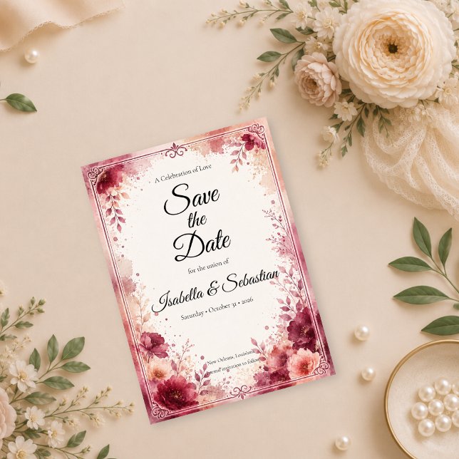 Romantic Burgundy Floral Wedding Save The Date (Creator Uploaded)