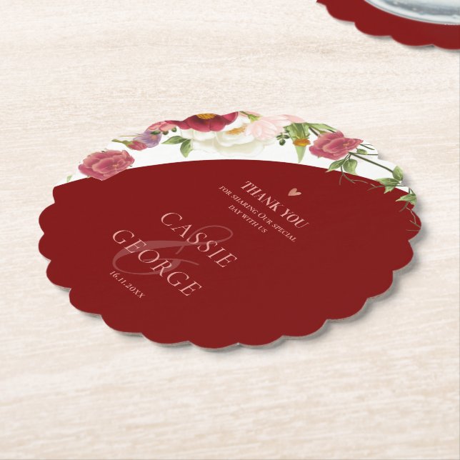 Romantic Burgundy Floral Wedding Thank You Message Paper Coaster (Angled)
