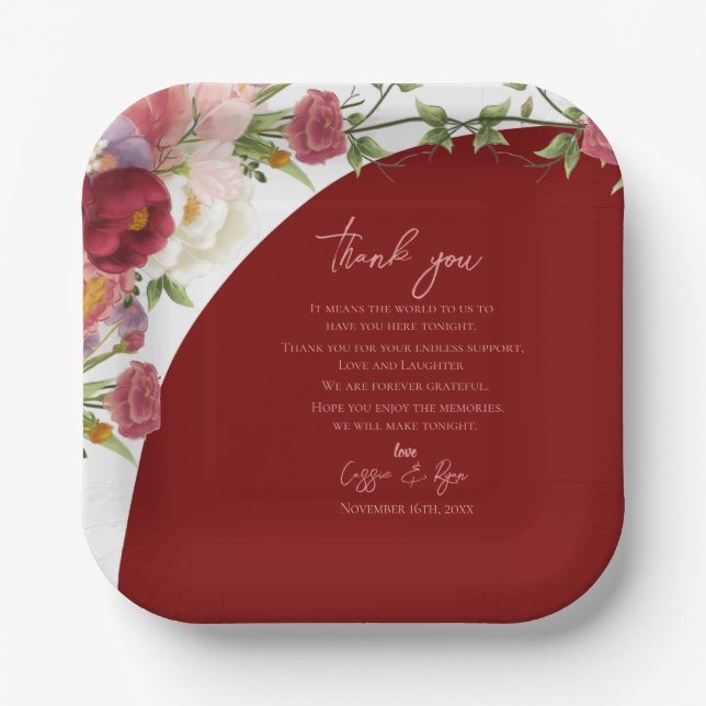 Romantic Burgundy Floral Wedding Thank You Message Paper Plate (Front)
