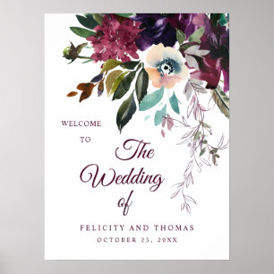 Romantic Burgundy Floral Wedding Welcome Poster