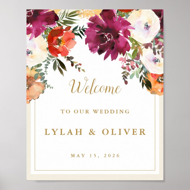 Romantic Burgundy Floral Wedding Welcome  Poster (Front)