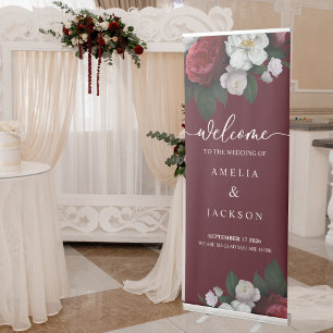 Romantic Burgundy flower winter Wedding welcome Retractable Banner