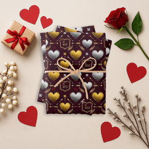 Romantic Burgundy Foil Heart Valentine Wrapping Paper Sheet