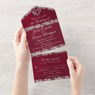 Romantic Burgundy, Glitter Border & Heart All In One Invitation