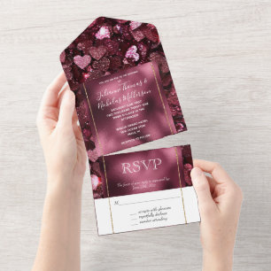 Romantic Burgundy Glitzy Hearts Wedding All In One Invitation