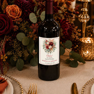 Romantic Burgundy Gold Eucalyptus Fall boho floral Wine Label